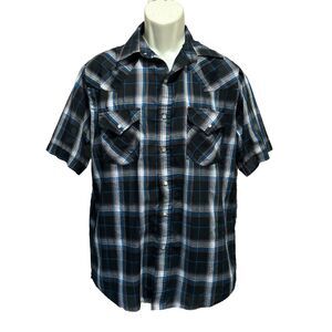 Plains Western Wear Pearl Snap Up‎ Shirt Size M Black/Blue Plaid Short Sleeve